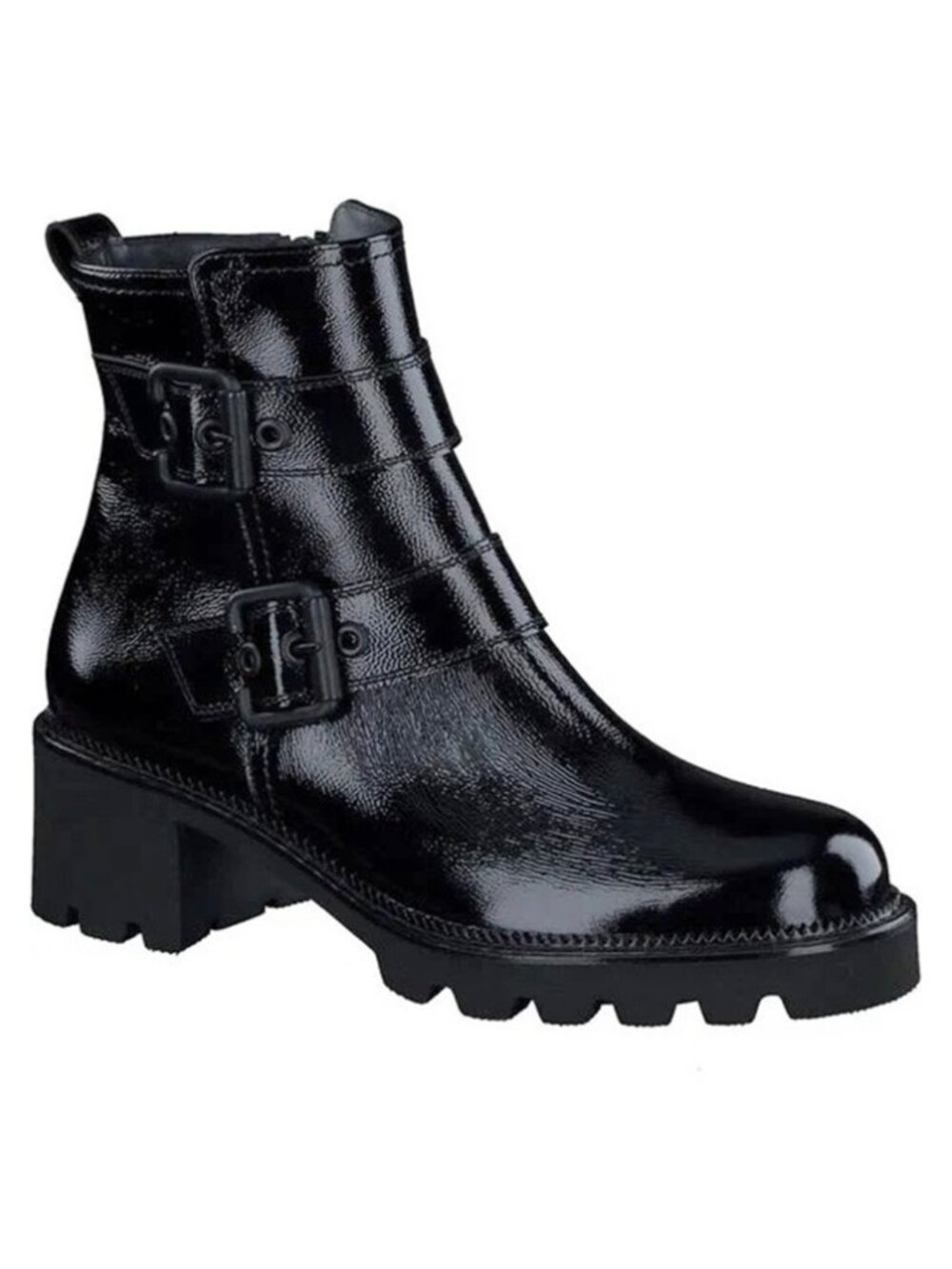 $600 PAUL GREEN Balboa Moto Boot BLACK PATENT BUCKLES CHUNKY LUG  10 US  (TF27)